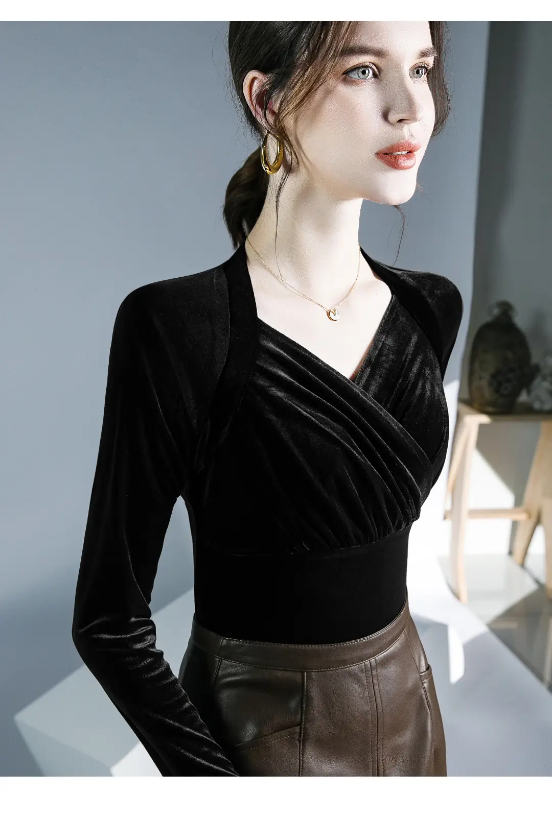 Velvet V-Neck Long Sleeve Shirt Brown — feature 15