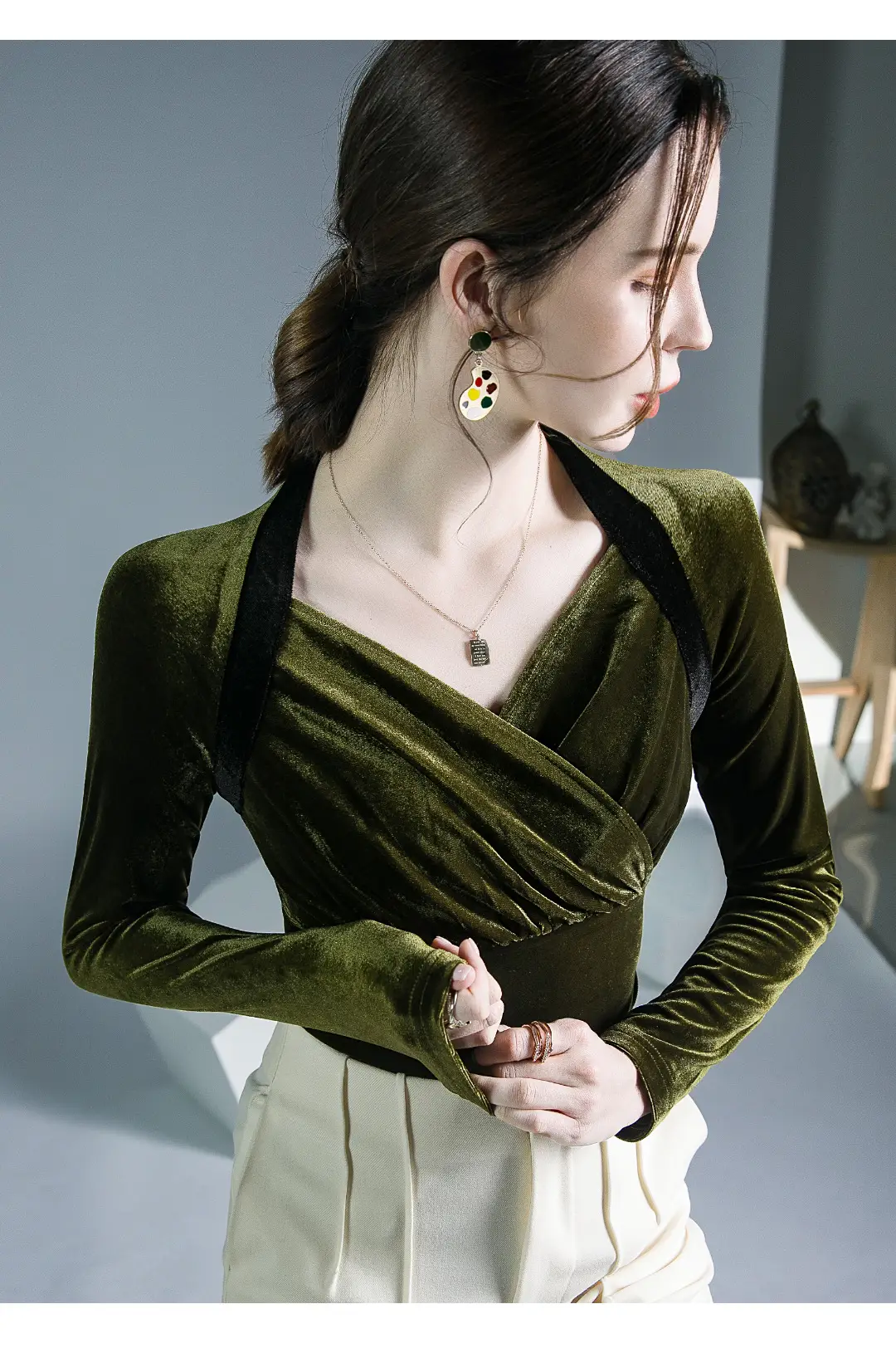 Velvet V-Neck Long Sleeve Shirt Brown — feature 4