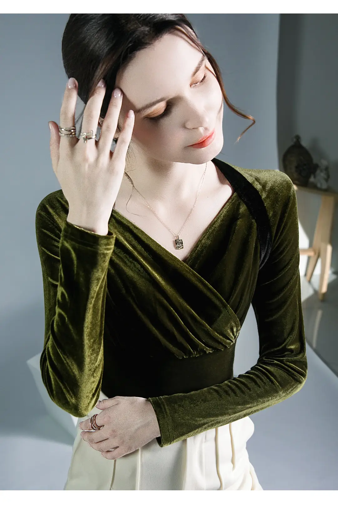 Velvet V-Neck Long Sleeve Shirt Brown — feature 5