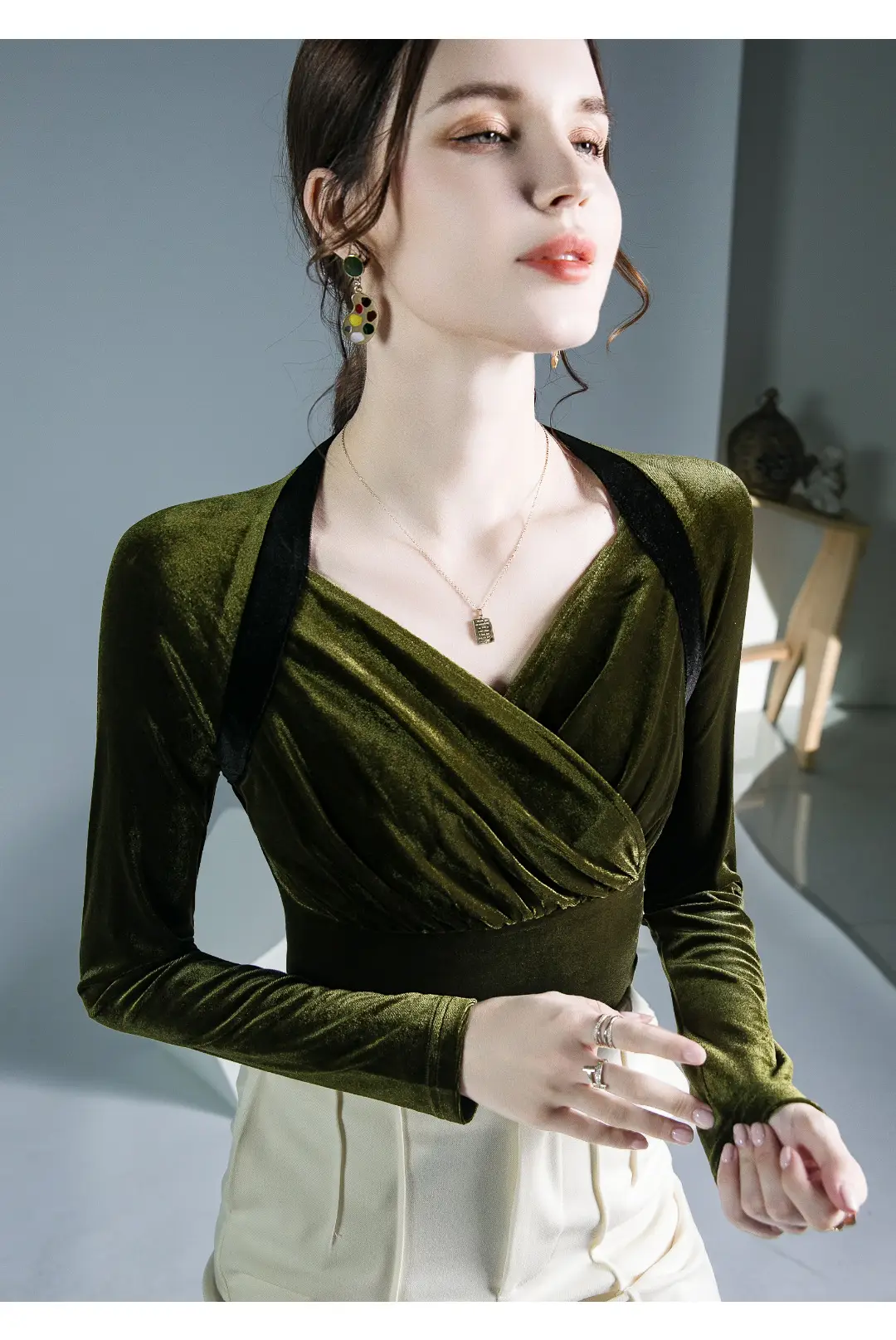 Velvet V-Neck Long Sleeve Shirt Brown — feature 6