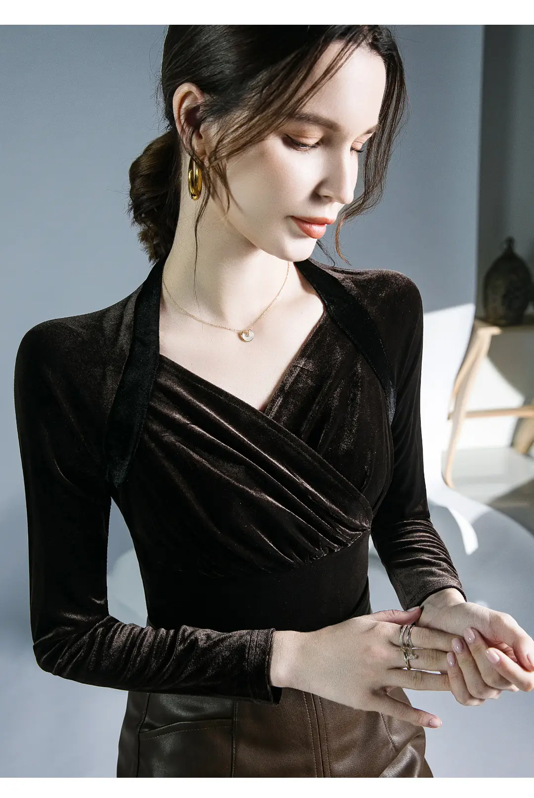 Velvet V-Neck Long Sleeve Shirt Brown — feature 7