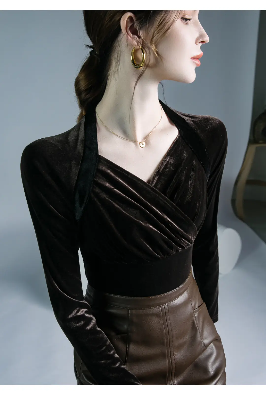 Velvet V-Neck Long Sleeve Shirt Brown — feature 8