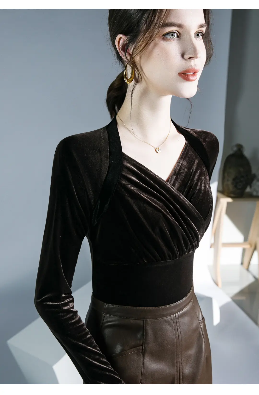 Velvet V-Neck Long Sleeve Shirt Brown — feature 9