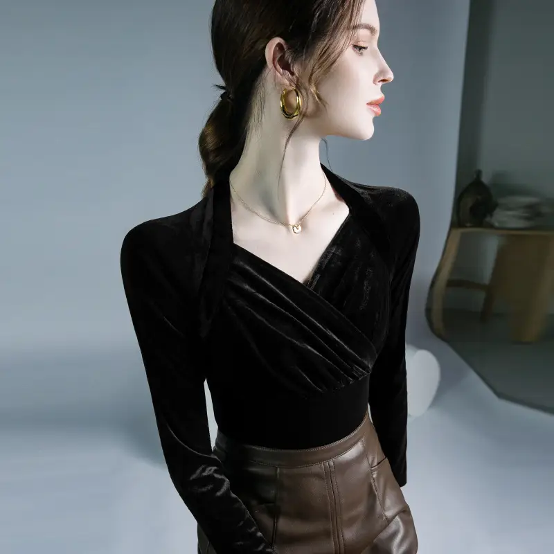Velvet V-Neck Long Sleeve Shirt Brown