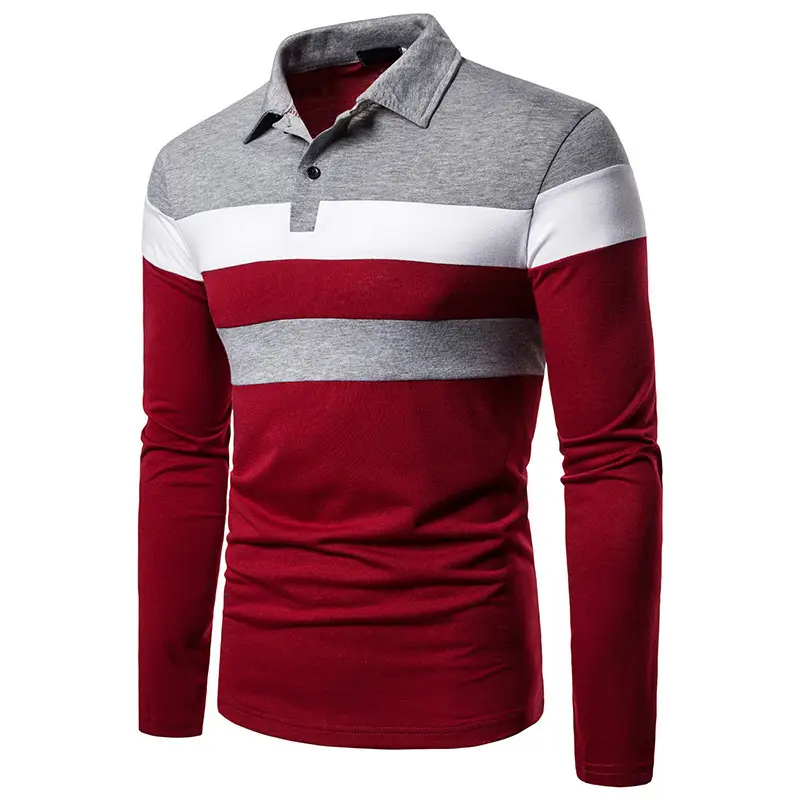 Men's Long Sleeve Polo Shirt Red White Black Stripe - Image 5