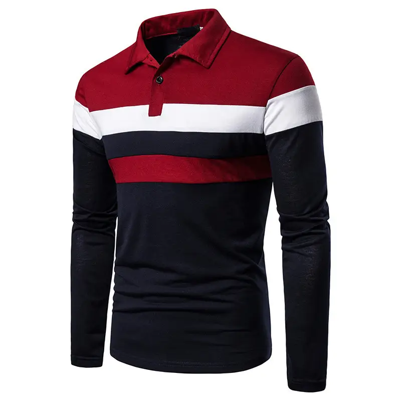 Men's Long Sleeve Polo Shirt Red White Black Stripe - Image 6