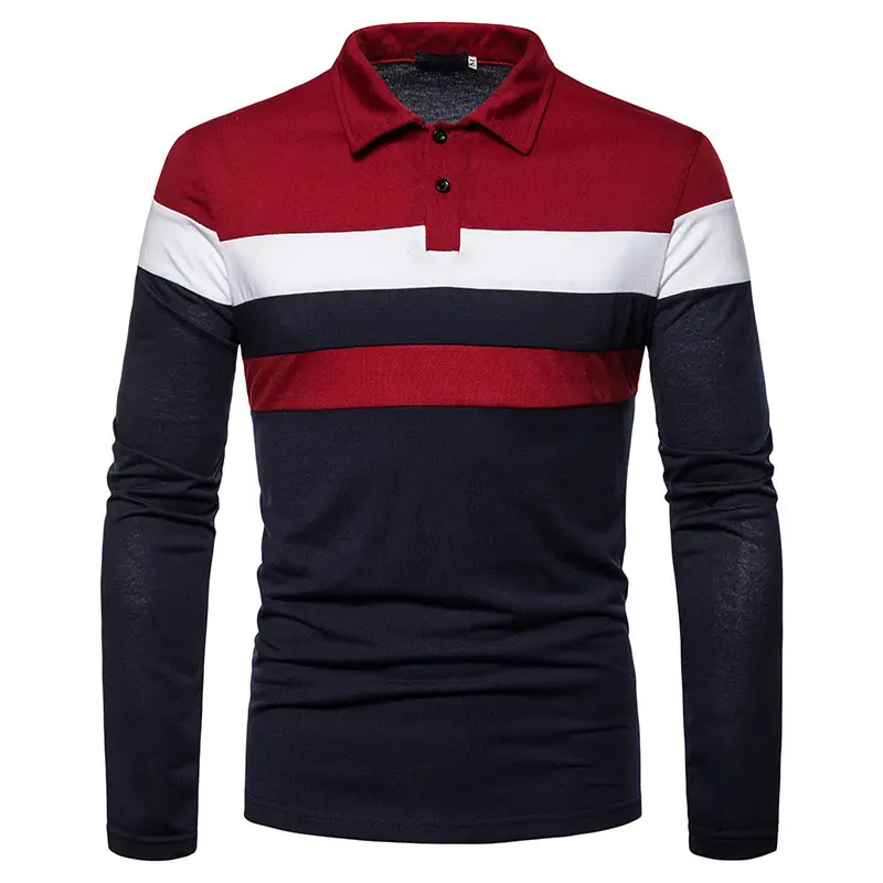 Men's Long Sleeve Polo Shirt Red White Black Stripe - Image 2