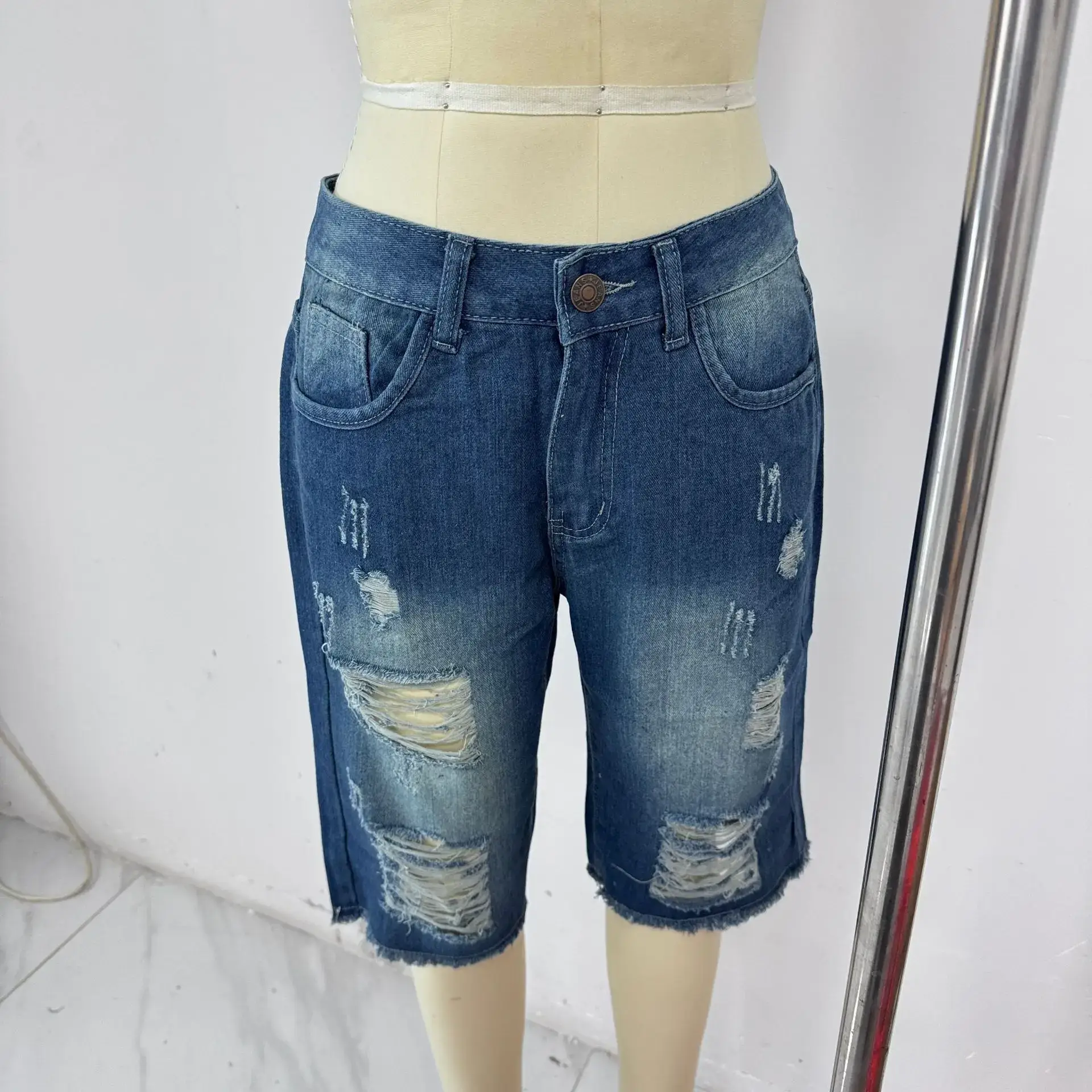 Ripped Slim Fit Men's Blue Denim Shorts — feature 4