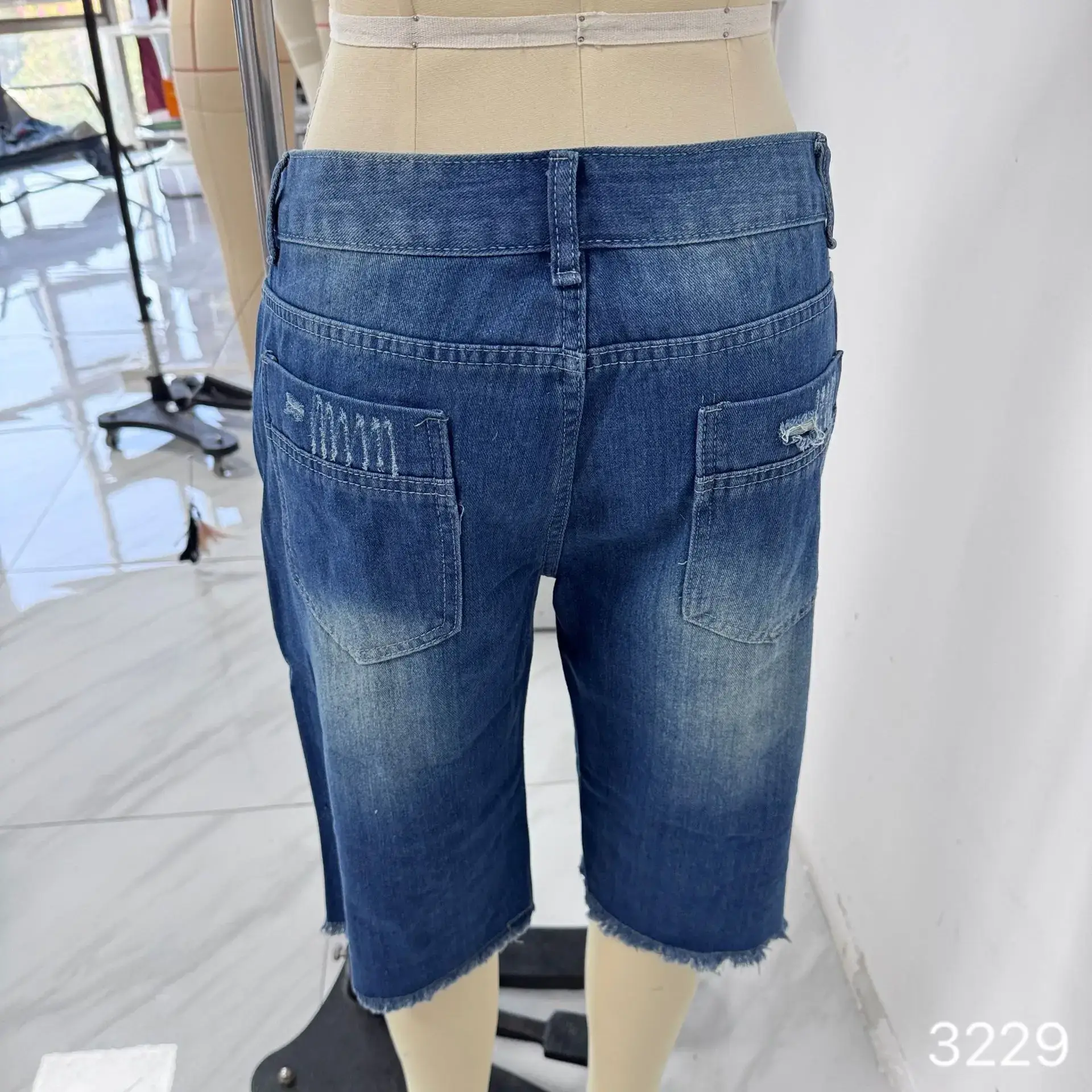 Ripped Slim Fit Men's Blue Denim Shorts — feature 5