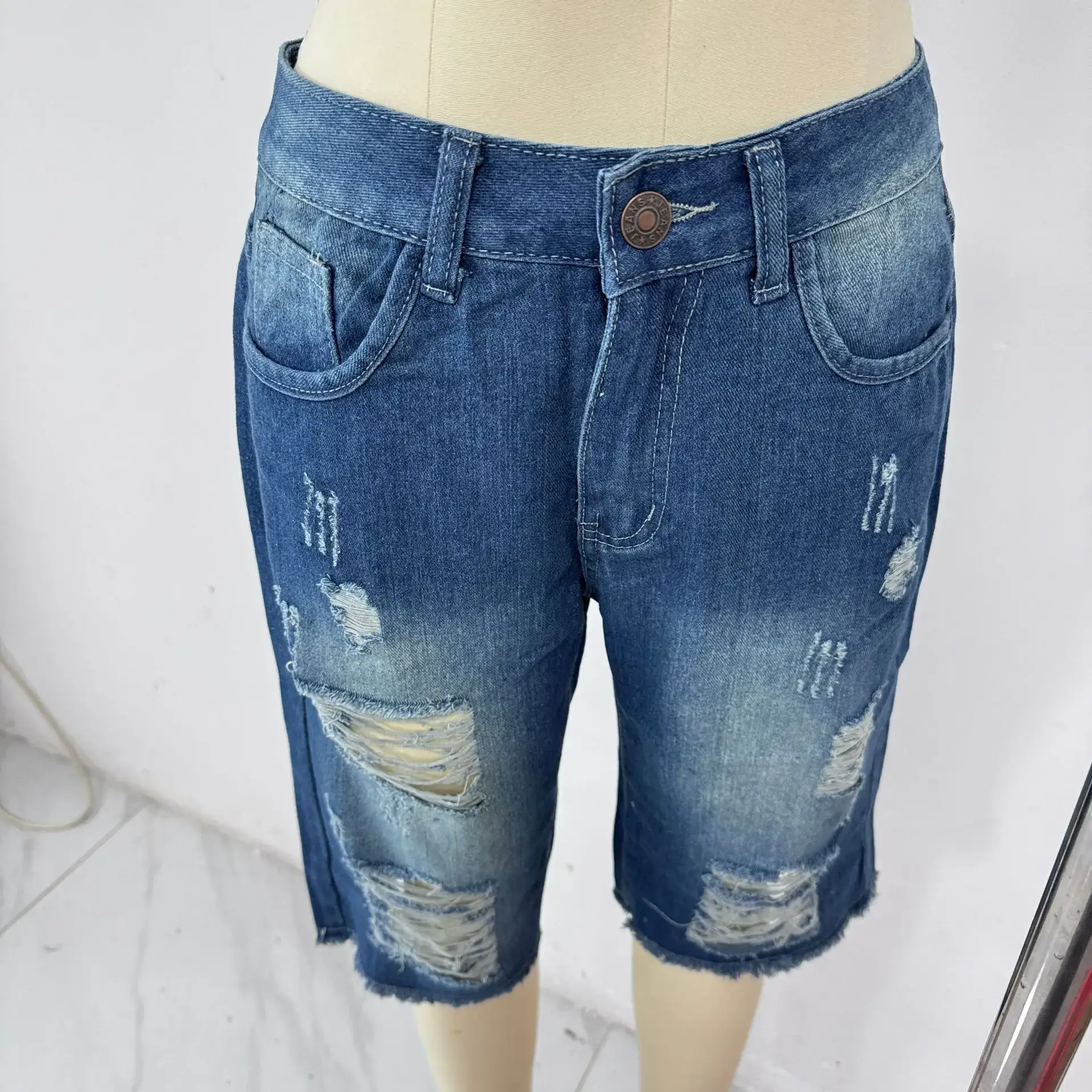 Ripped Slim Fit Men's Blue Denim Shorts — feature 6