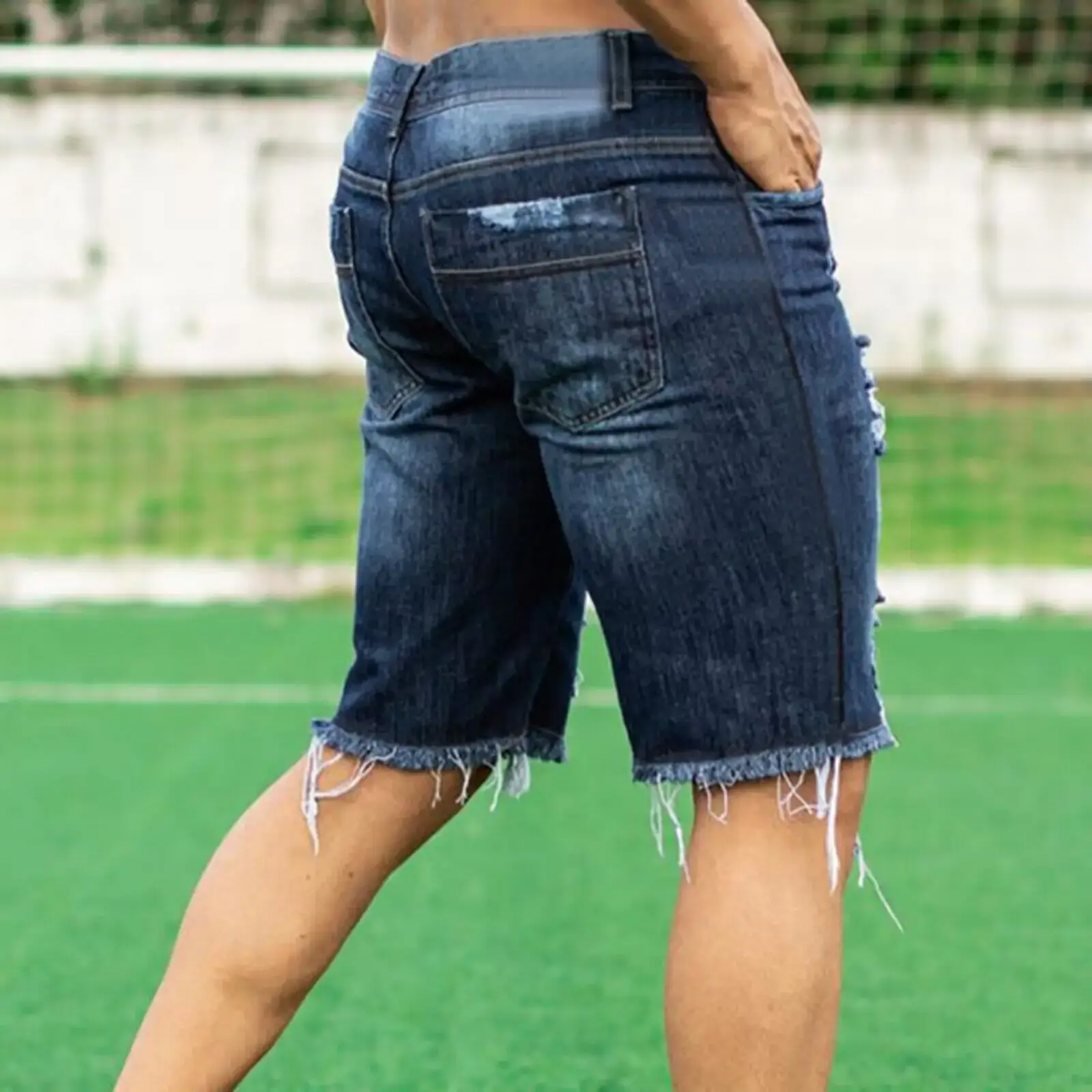 Ripped Slim Fit Men's Blue Denim Shorts — feature 9