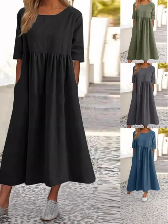 Grey Cotton Linen Dress Large 5-Quarter Sleeve Casual Loose Long