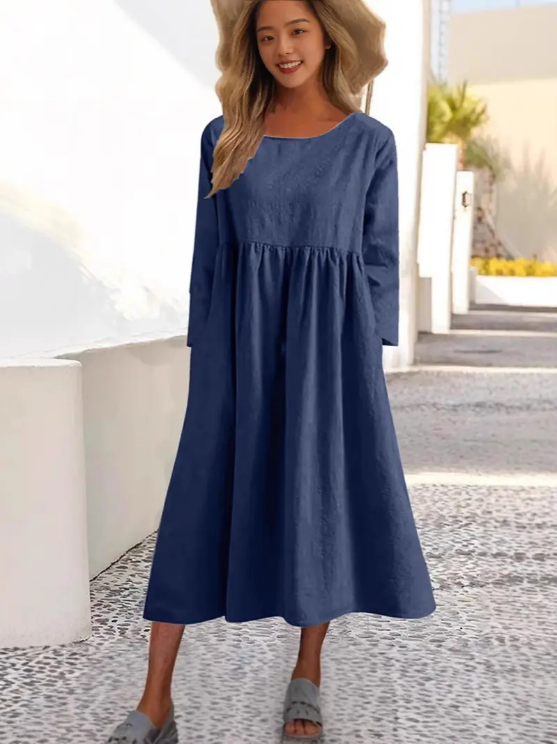 Grey Cotton Linen Dress Large 5-Quarter Sleeve Casual Loose Long