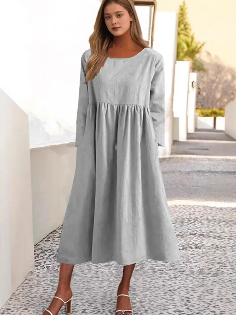 Grey Cotton Linen Dress Large 5-Quarter Sleeve Casual Loose Long