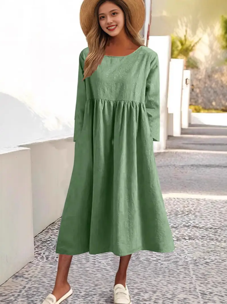 Grey Cotton Linen Dress Large 5-Quarter Sleeve Casual Loose Long