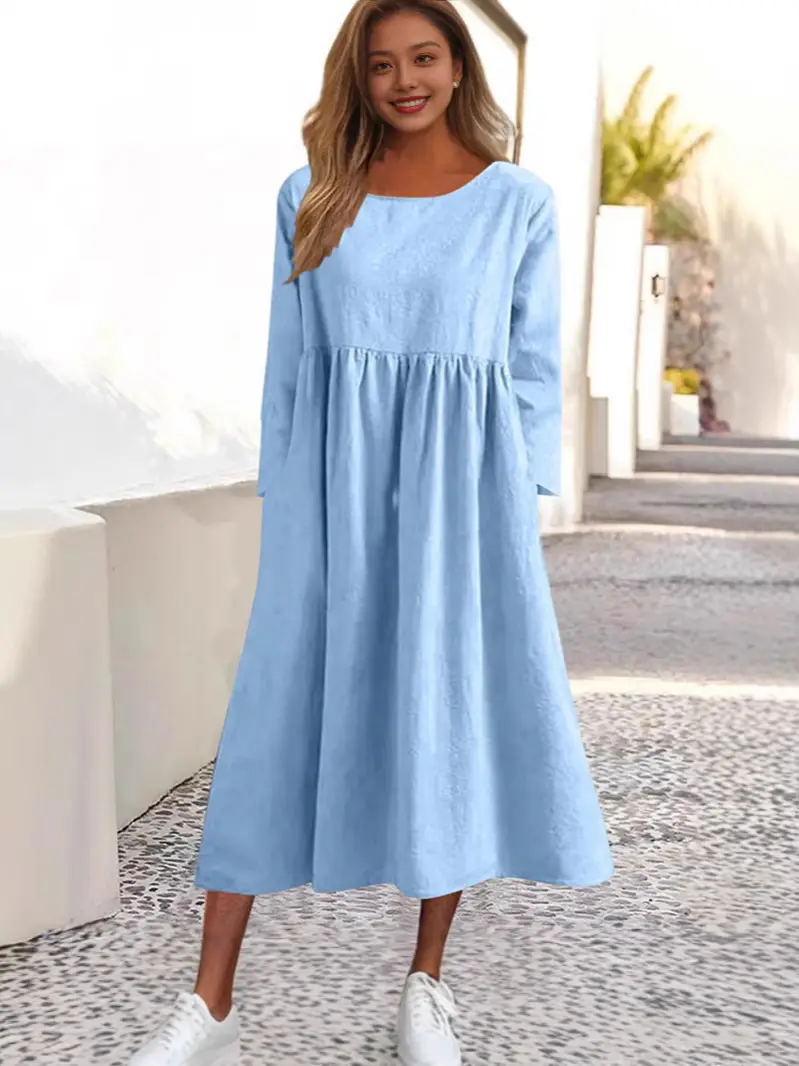 Grey Cotton Linen Dress Large 5-Quarter Sleeve Casual Loose Long