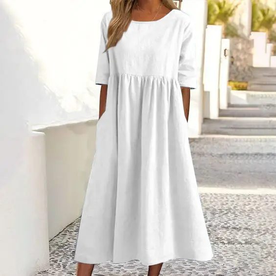 Grey Cotton Linen Dress Large 5-Quarter Sleeve Casual Loose Long