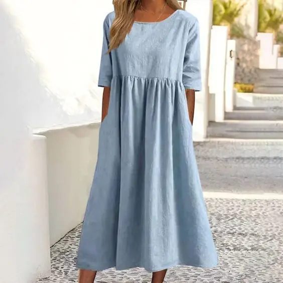 Grey Cotton Linen Dress Large 5-Quarter Sleeve Casual Loose Long