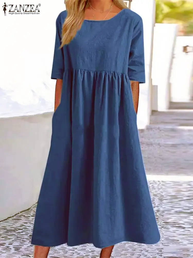 Grey Cotton Linen Dress Large 5-Quarter Sleeve Casual Loose Long