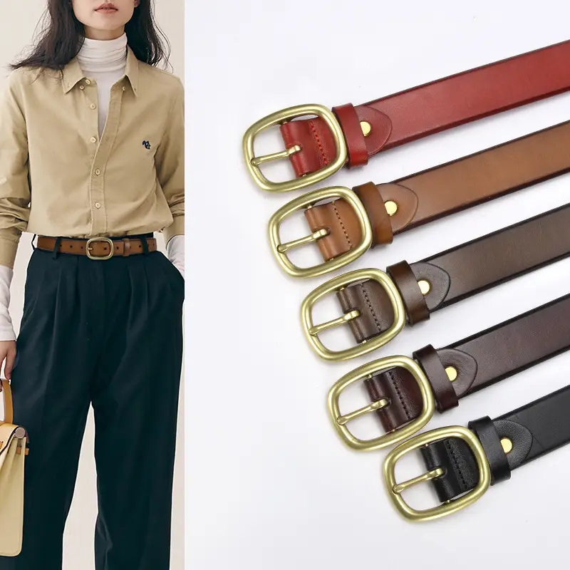 Women's Brown Leather Belt with Gold Buckle - Image 5