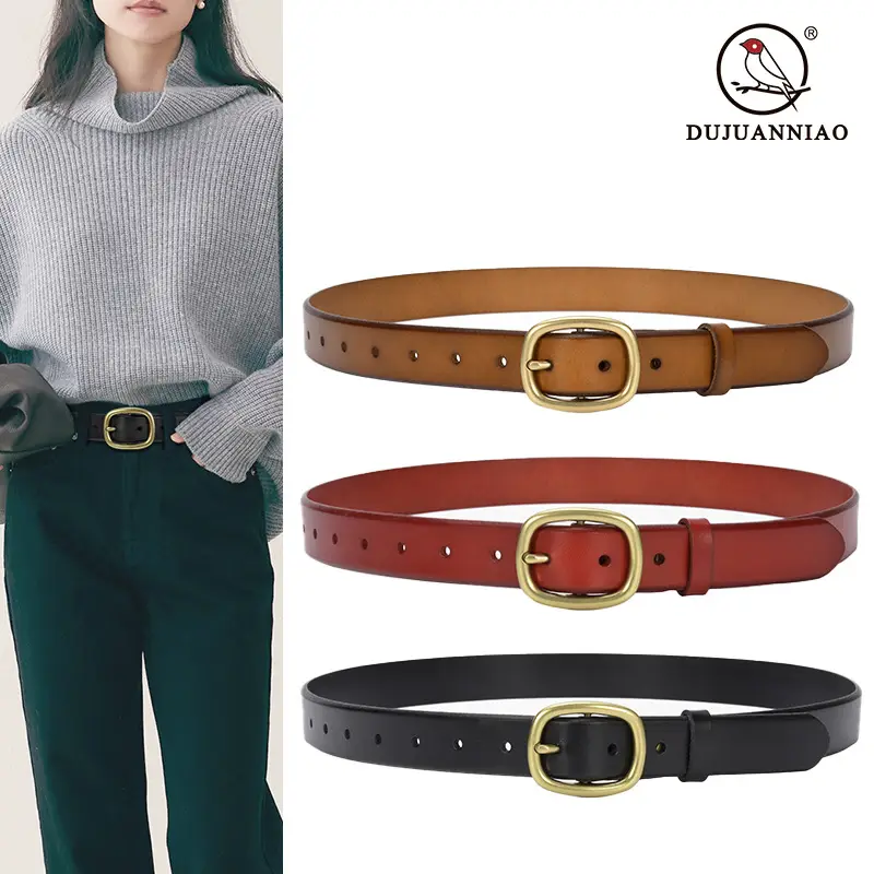Women's Brown Leather Belt with Gold Buckle - Image 6
