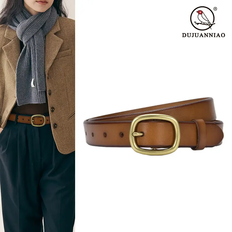 Women's Brown Leather Belt with Gold Buckle - Image 7