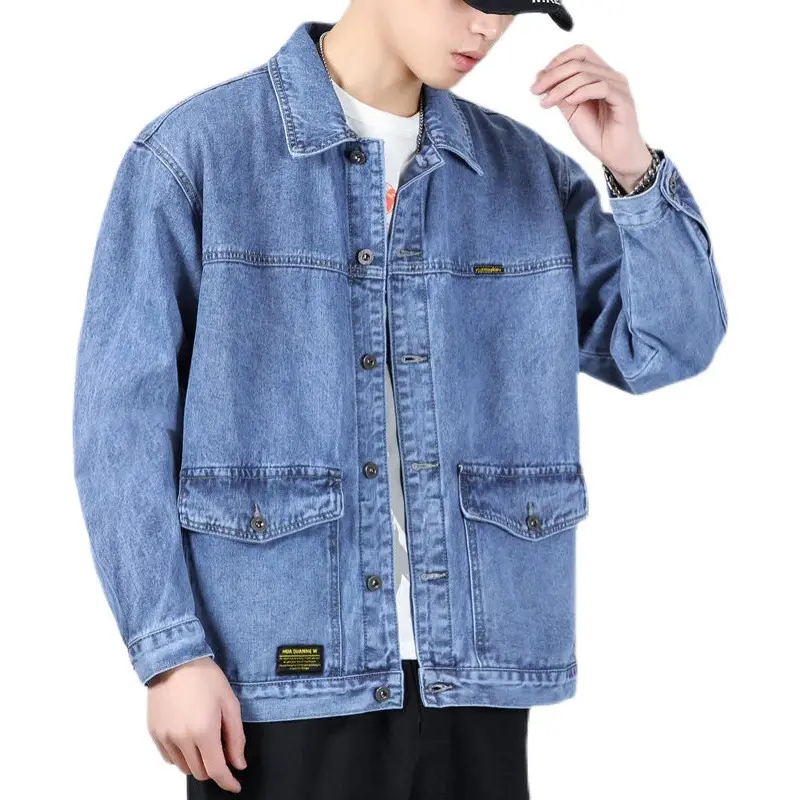 Men Denim Jacket Grey Multi-Pocket Large - Image 8