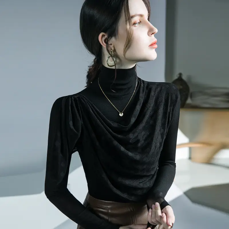 Black Mesh Pleated High Neck Shirt with Long Sleeves