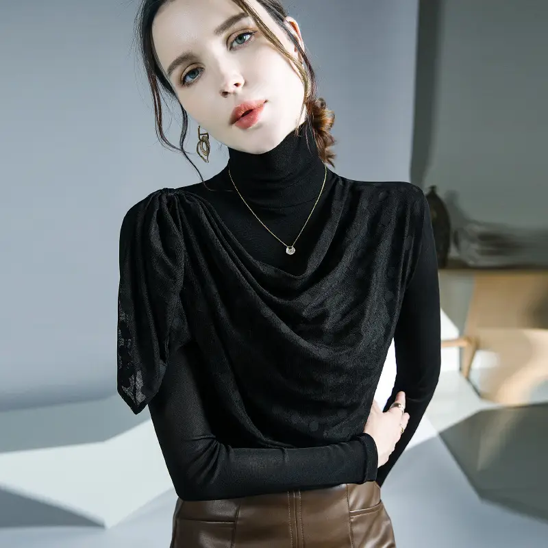 Black Mesh Pleated High Neck Shirt with Long Sleeves