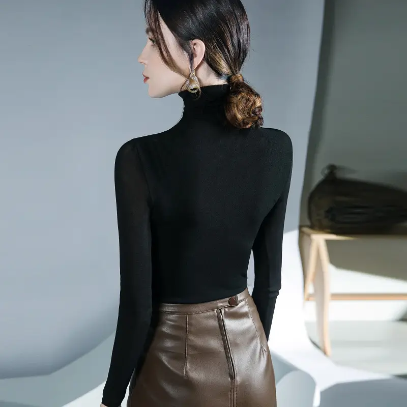 Black Mesh Pleated High Neck Shirt with Long Sleeves