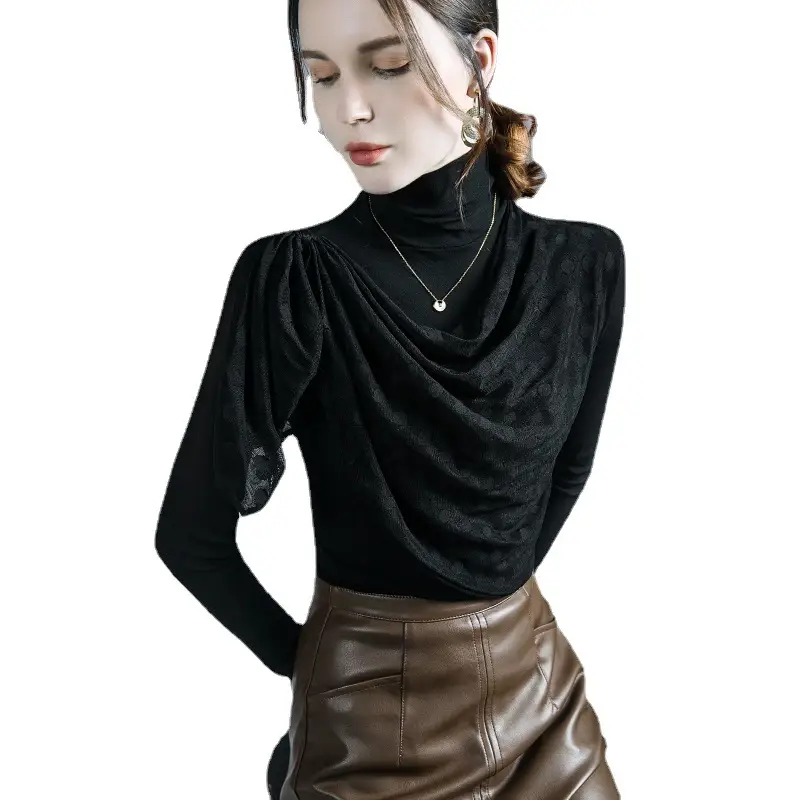 Black Mesh Pleated High Neck Shirt with Long Sleeves