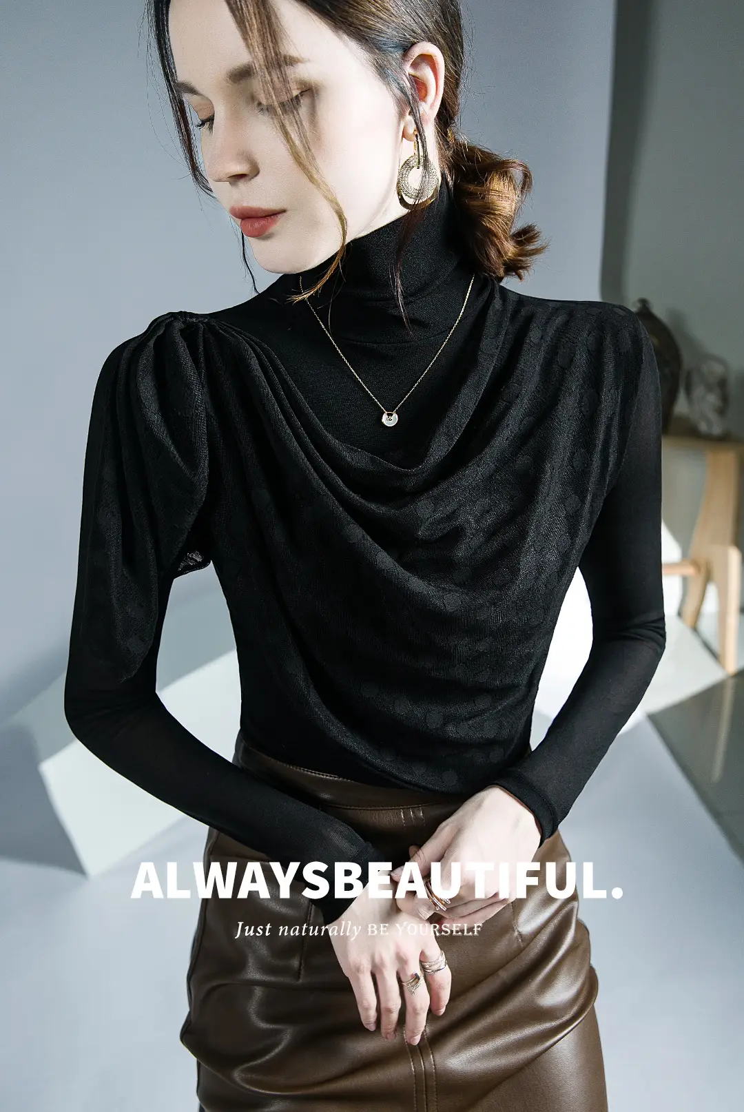 Black Mesh Pleated High Neck Shirt with Long Sleeves — feature 1