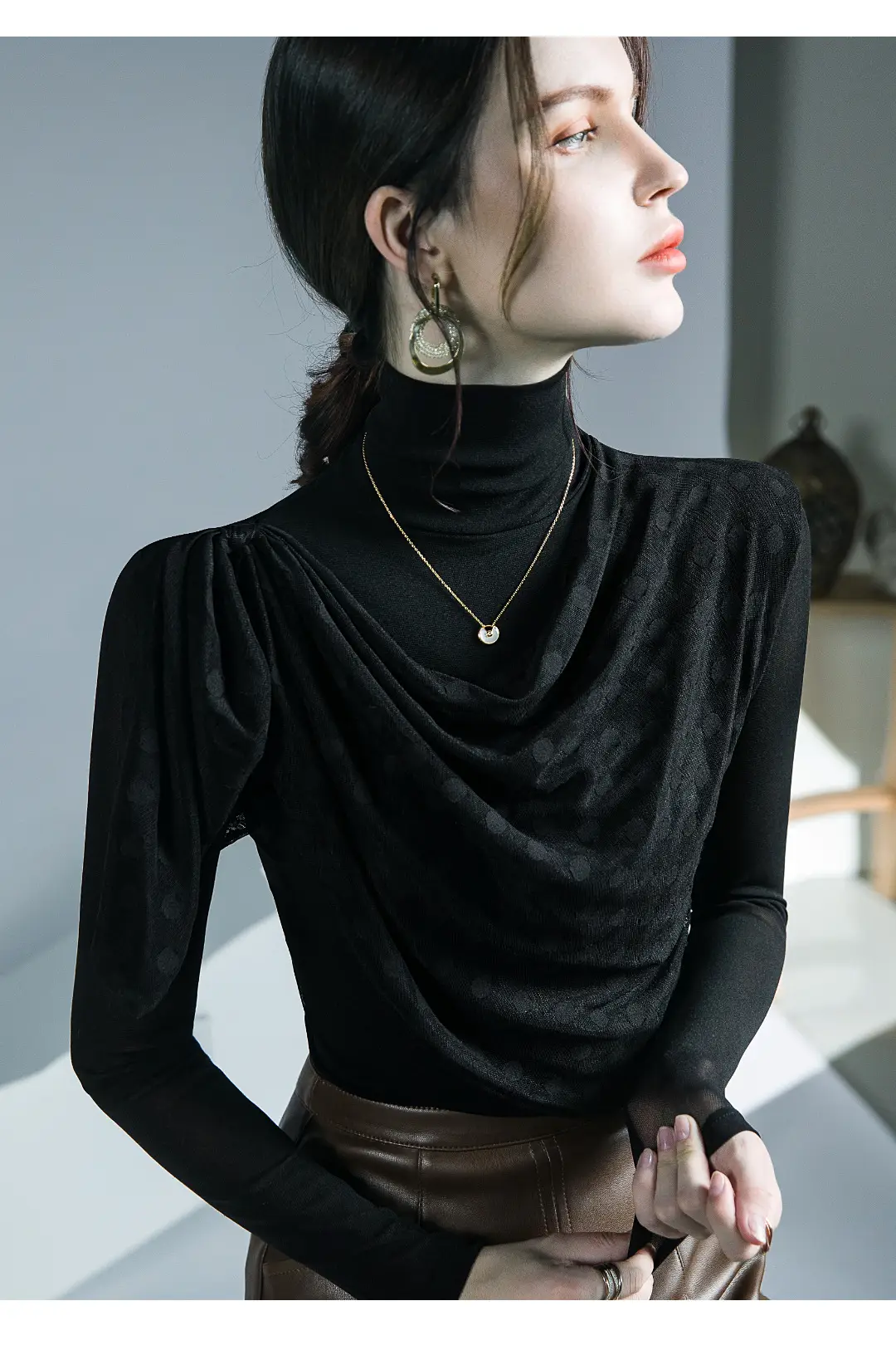 Black Mesh Pleated High Neck Shirt with Long Sleeves — feature 10