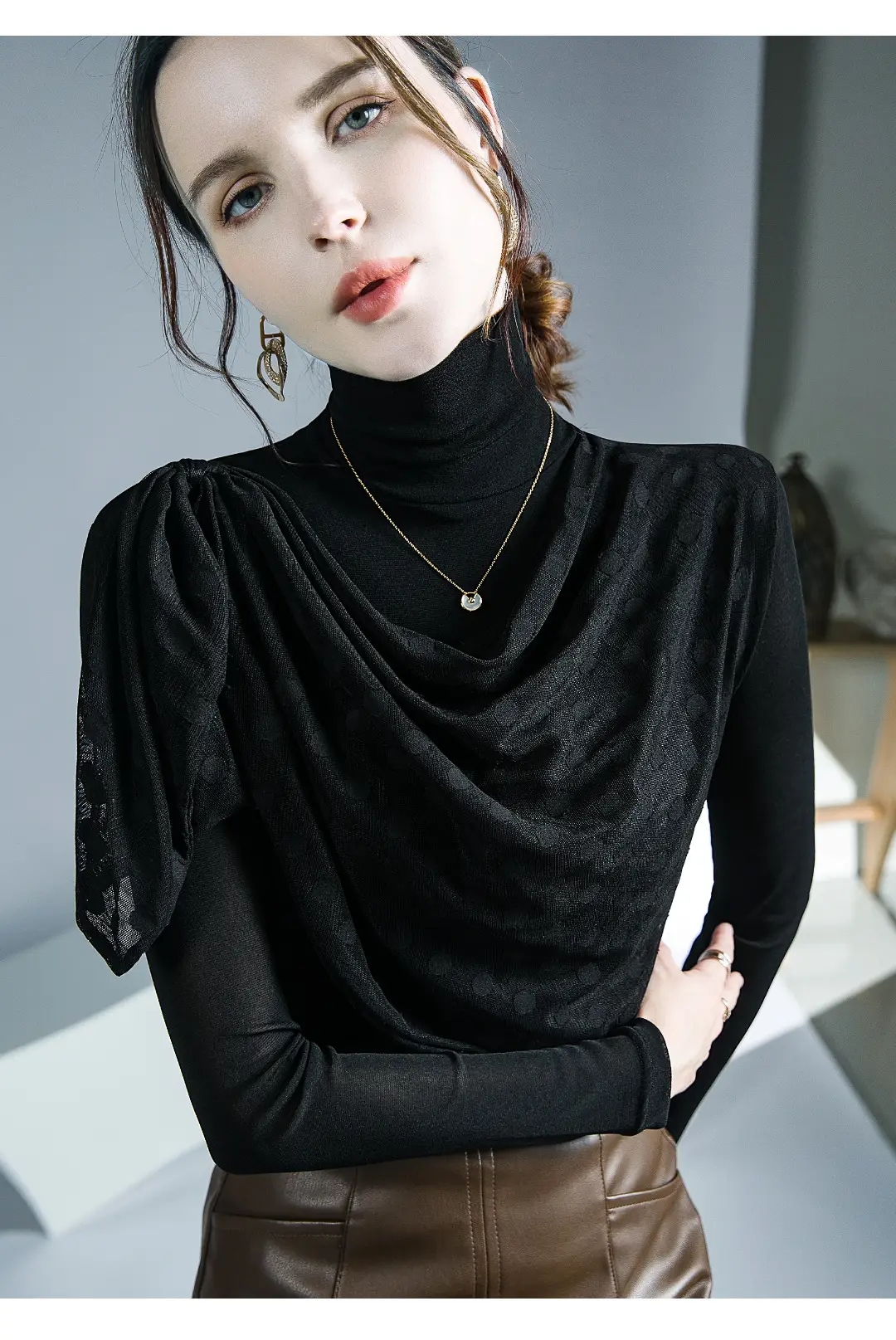 Black Mesh Pleated High Neck Shirt with Long Sleeves — feature 4