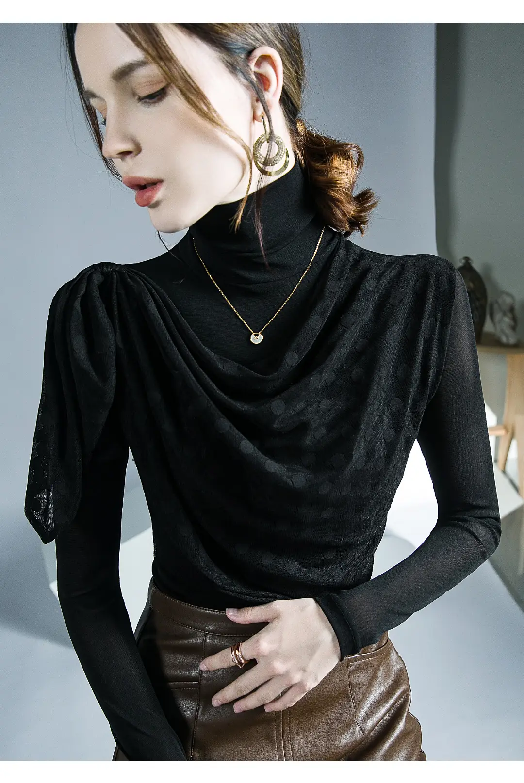 Black Mesh Pleated High Neck Shirt with Long Sleeves — feature 5
