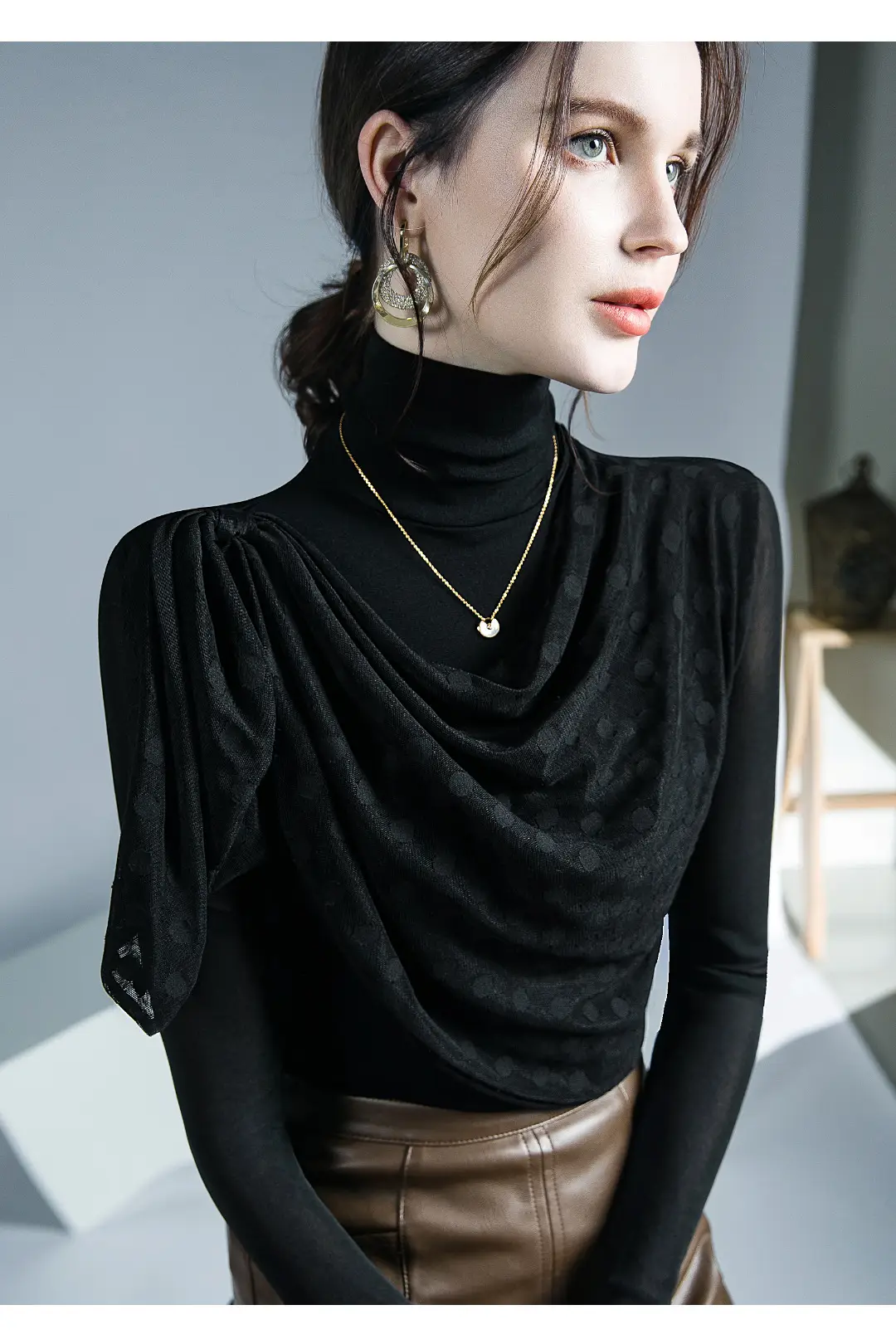 Black Mesh Pleated High Neck Shirt with Long Sleeves — feature 6