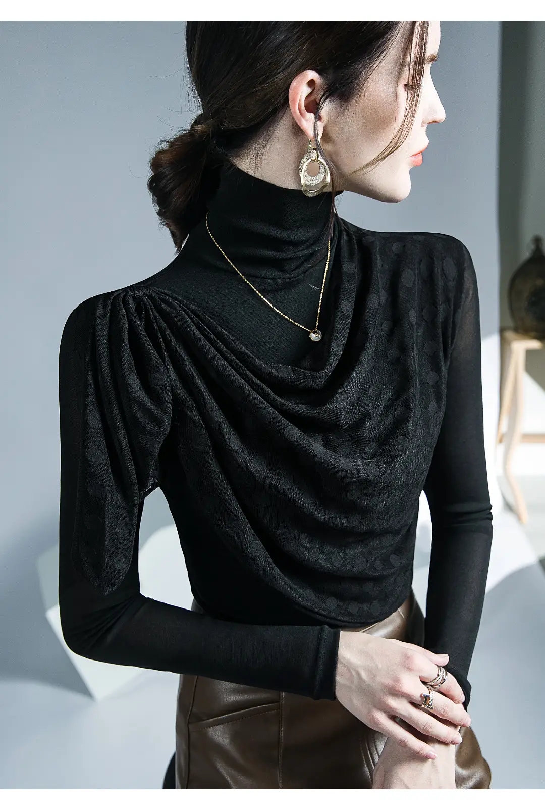 Black Mesh Pleated High Neck Shirt with Long Sleeves — feature 7