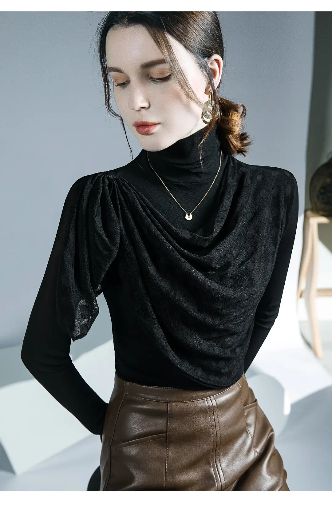 Black Mesh Pleated High Neck Shirt with Long Sleeves — feature 8