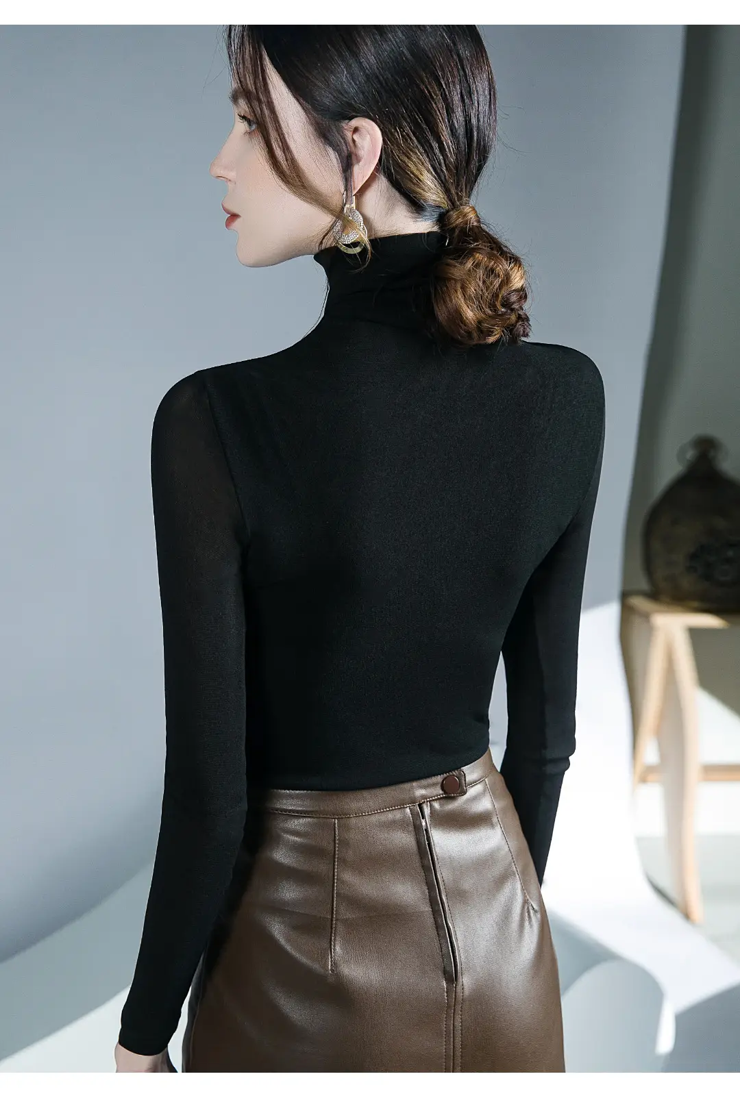 Black Mesh Pleated High Neck Shirt with Long Sleeves — feature 9