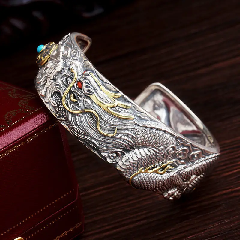 High-end Dragon-shaped Xizang Silver Woven Bracelet Men's Trendy Personalized Open-ended Aggressive Retro Dragon Bracelet Thick Bracelet