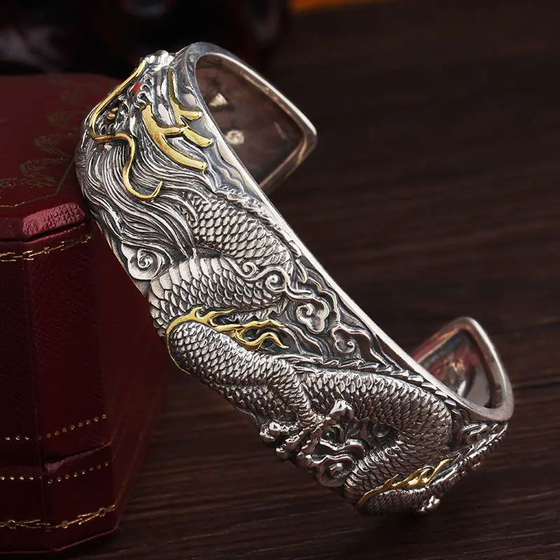 High-end Dragon-shaped Xizang Silver Woven Bracelet Men's Trendy Personalized Open-ended Aggressive Retro Dragon Bracelet Thick Bracelet
