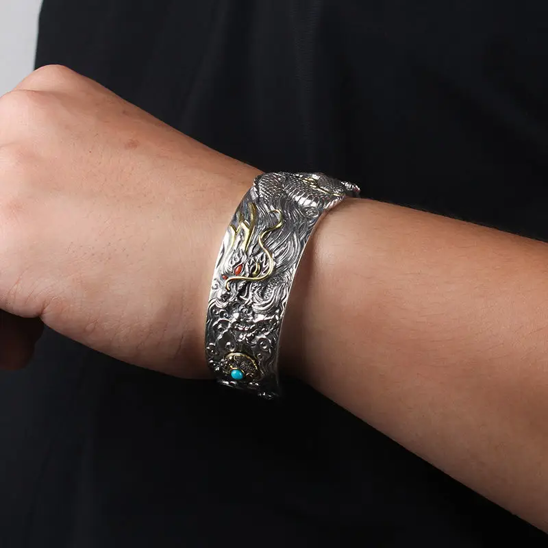 High-end Dragon-shaped Xizang Silver Woven Bracelet Men's Trendy Personalized Open-ended Aggressive Retro Dragon Bracelet Thick Bracelet