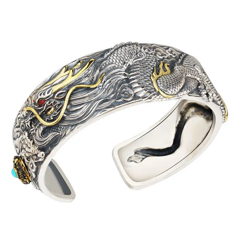 High-end Dragon-shaped Xizang Silver Woven Bracelet Men's Trendy Personalized Open-ended Aggressive Retro Dragon Bracelet Thick Bracelet