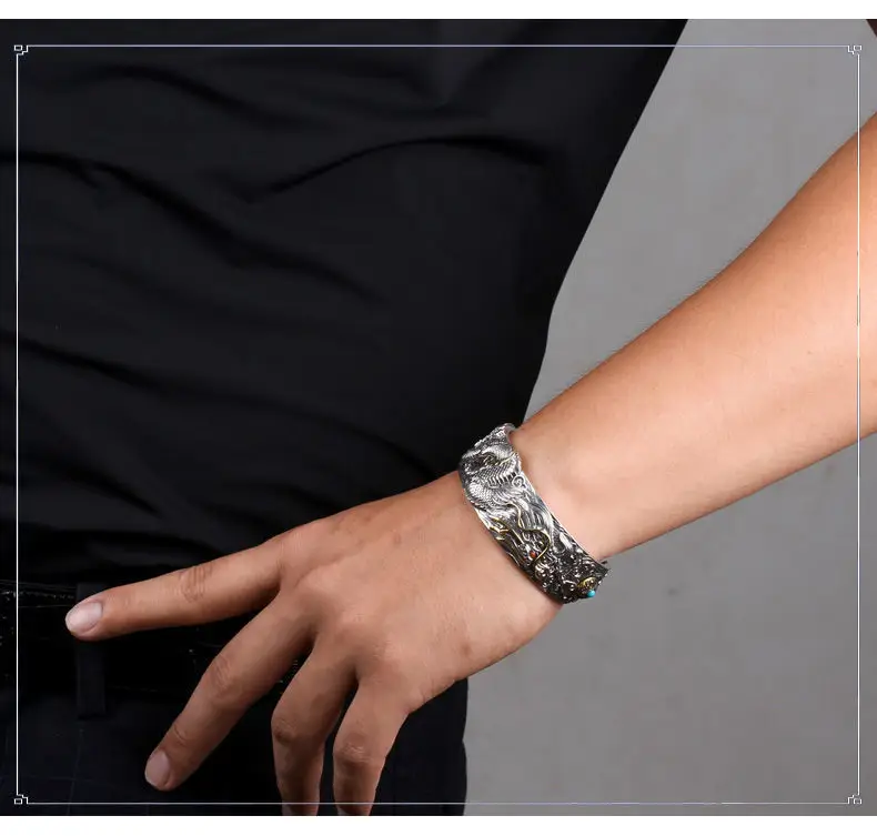 High-end Dragon-shaped Xizang Silver Woven Bracelet Men's Trendy Personalized Open-ended Aggressive Retro Dragon Bracelet Thick Bracelet — feature 13