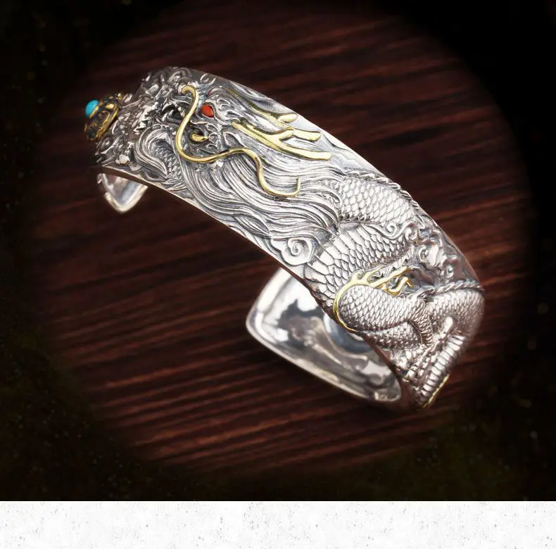 High-end Dragon-shaped Xizang Silver Woven Bracelet Men's Trendy Personalized Open-ended Aggressive Retro Dragon Bracelet Thick Bracelet — feature 2