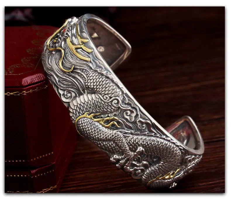 High-end Dragon-shaped Xizang Silver Woven Bracelet Men's Trendy Personalized Open-ended Aggressive Retro Dragon Bracelet Thick Bracelet — feature 8