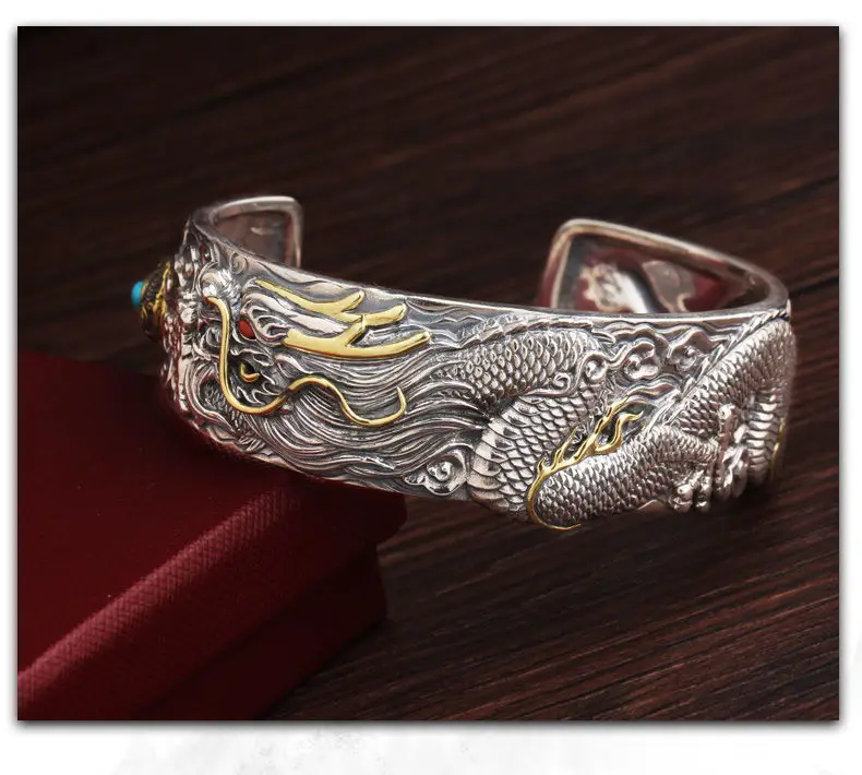 High-end Dragon-shaped Xizang Silver Woven Bracelet Men's Trendy Personalized Open-ended Aggressive Retro Dragon Bracelet Thick Bracelet — feature 9