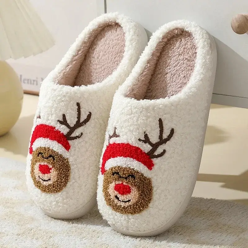 New Christmas Elk Cotton Slippers for Men and Women Autumn and Winter Cute Cartoon Home Non-Slip Indoor Plush Cotton Shoes for Couple