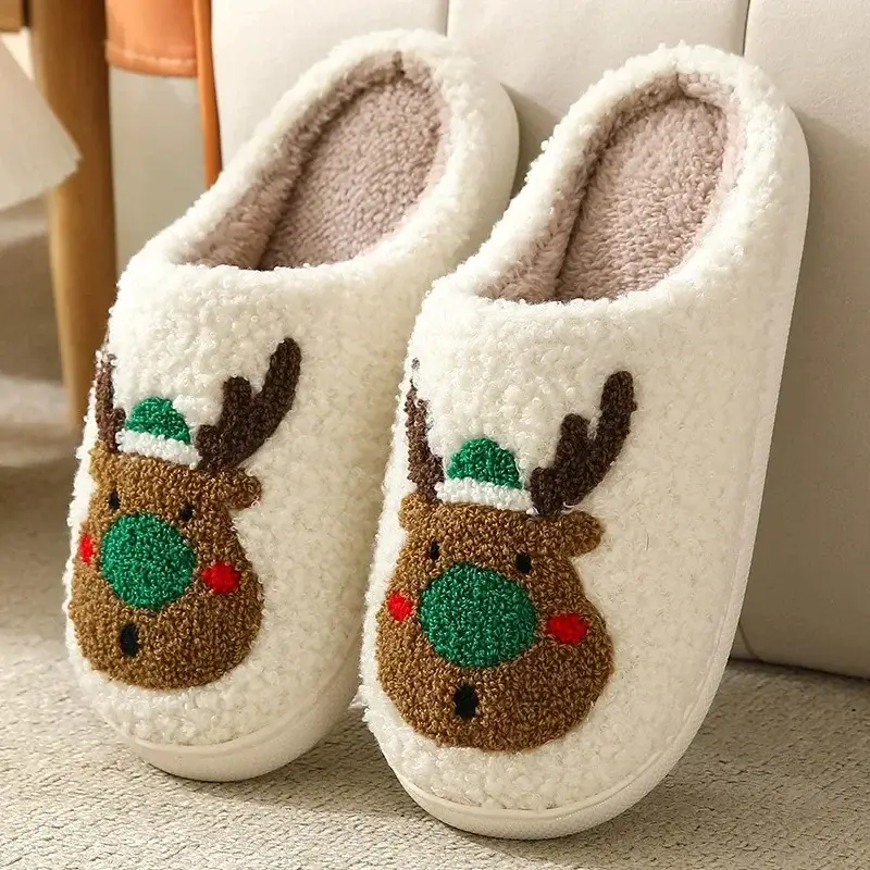 New Christmas Elk Cotton Slippers for Men and Women Autumn and Winter Cute Cartoon Home Non-Slip Indoor Plush Cotton Shoes for Couple