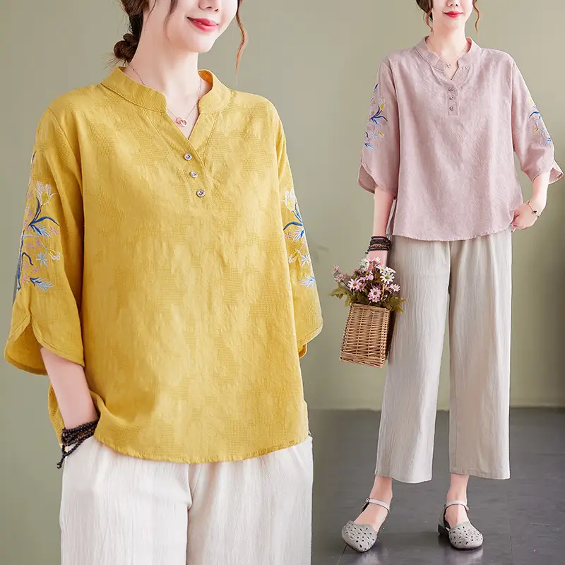 Women 2025 Embroidered Floral Shirt with Stand-Up Collar - Image 4
